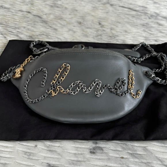 Authentic Chanel Grey Calfskin Leather Three-tone Metal Chain Signs Waist Bag - Picture 6 of 12